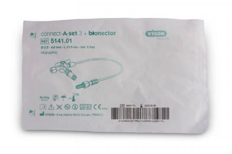 Vyclic threeway tap extension set with one Bionector Vygon